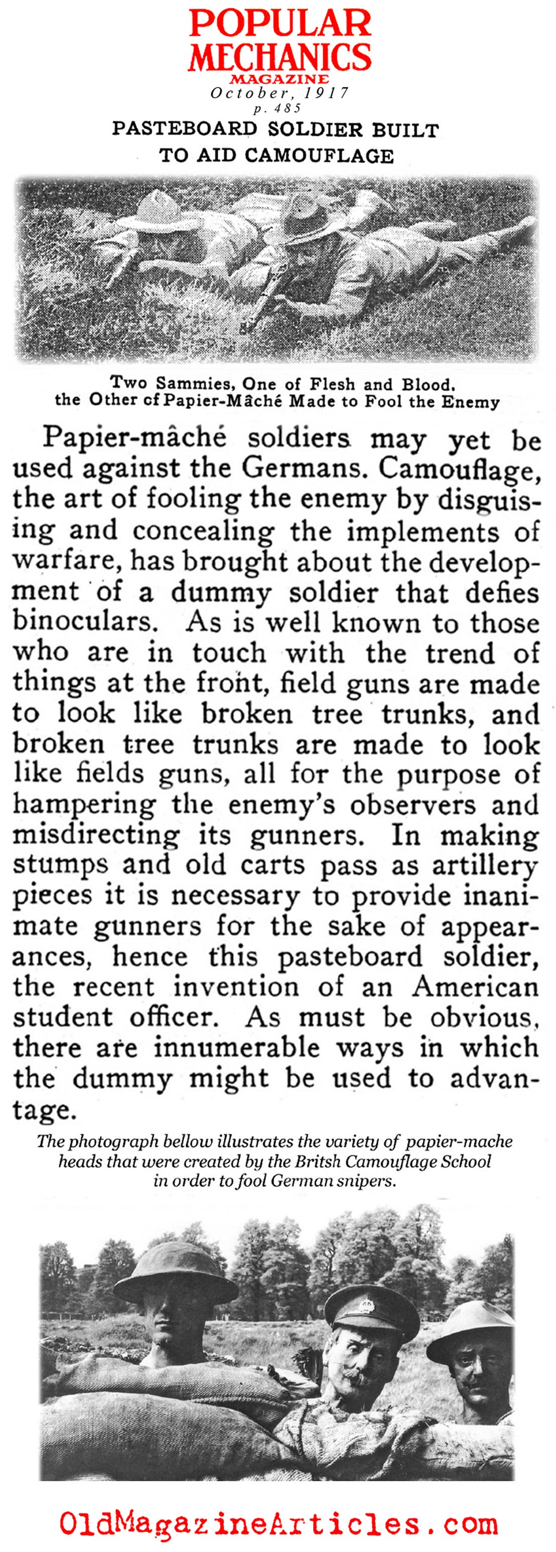 Papier-Mache Used to Deceive German Snipers (Popular Mechanics, 1917)